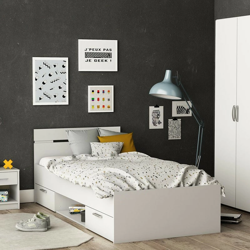 Lit 1 place 90x200 2 tiroirs blanc Michigan Demeyere Lit 1 Place 90x200 2 Tiroirs Blanc Michigan -Ledepot-bailleul Soldes Magasin lit 90x200cm ohio blanc 1